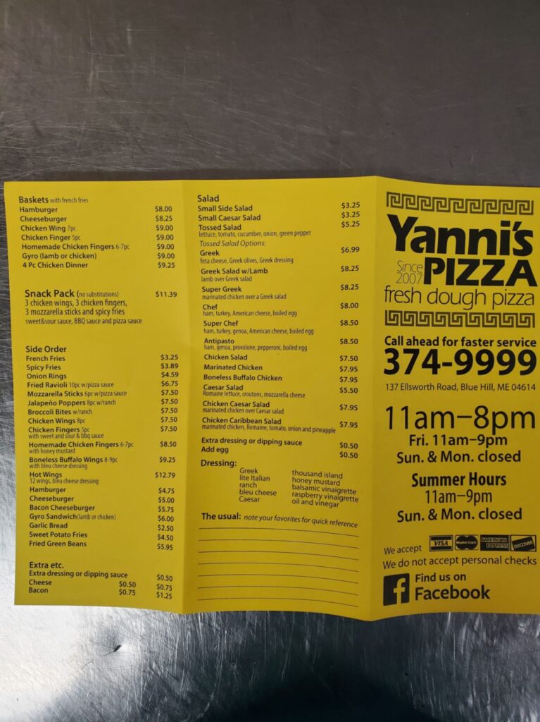 Yannis Pizza Blue Hill Menu 1