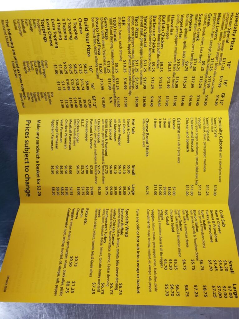 Yannis Pizza Blue Hill Menu 2